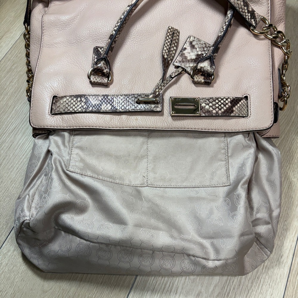 Michael Kors Hamilton Pebbled Leather Snakeskin Trim Tote Bag Beige Gold - Picture 7 of 12
